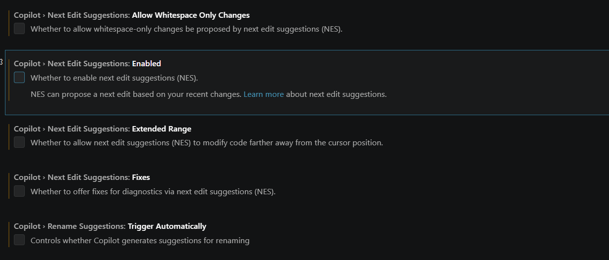Github Copilot settings to disable